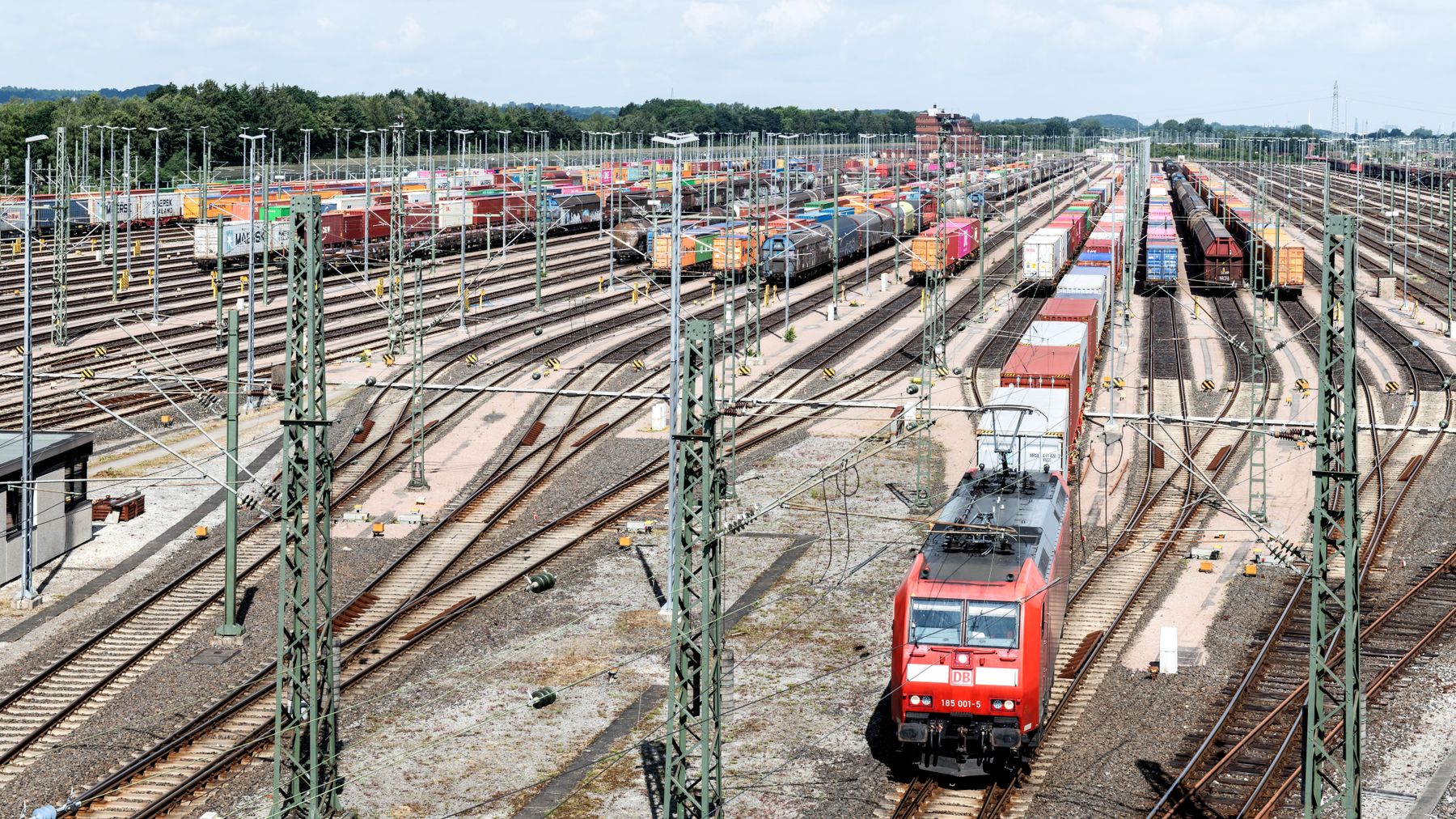 Container block train in a large rail marshalling yard